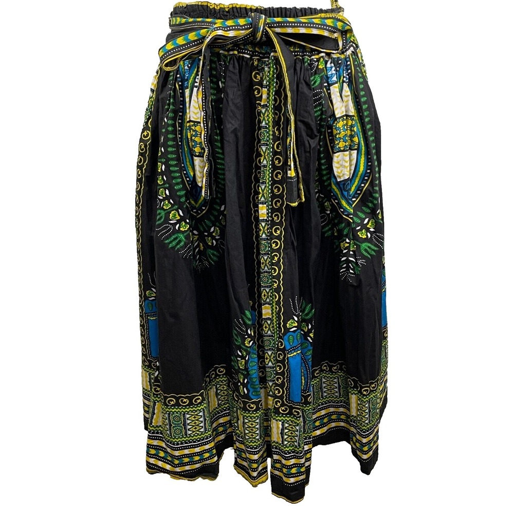 Rainbow Full Skirt Midi Length Womens OSFA Tribal Geometric Elastic Belted Waist